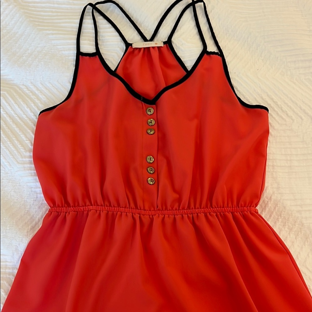 Coral Sleeveless Dress with Black Trim
